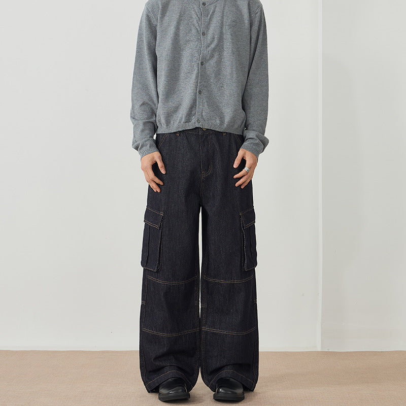 Men's Loose Denim Cargo Palazzo Pants with Panel Seams, Flap Pockets and Raw Finish Mune Fashion