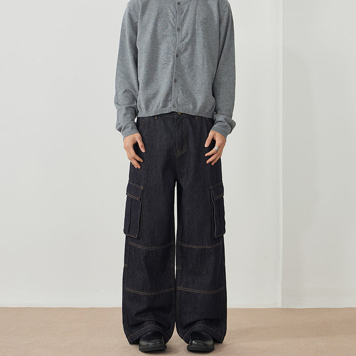 Men's Loose Denim Cargo Palazzo Pants with Panel Seams, Flap Pockets and Raw Finish Mune Fashion