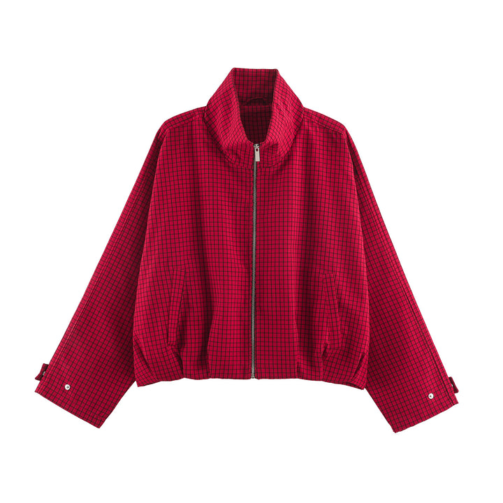 Women Oversize Boxy Bomber Jacket with Stand-Up Collar, Checkered Pattern and Elastic Hem Mune Fashion