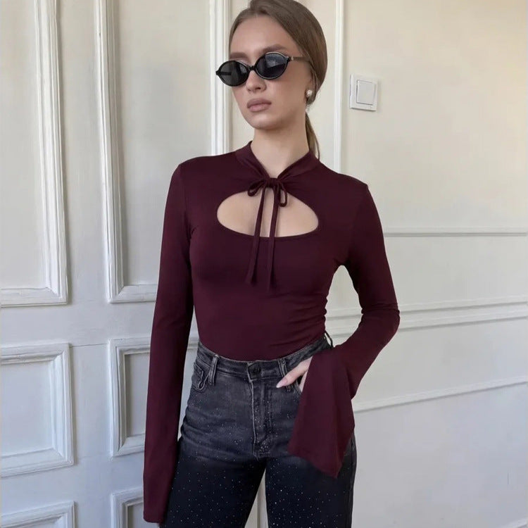 Women's Tailored Long Sleeve Shirt with Cut-Out and Flared Ruffle Sleeves Mune Fashion