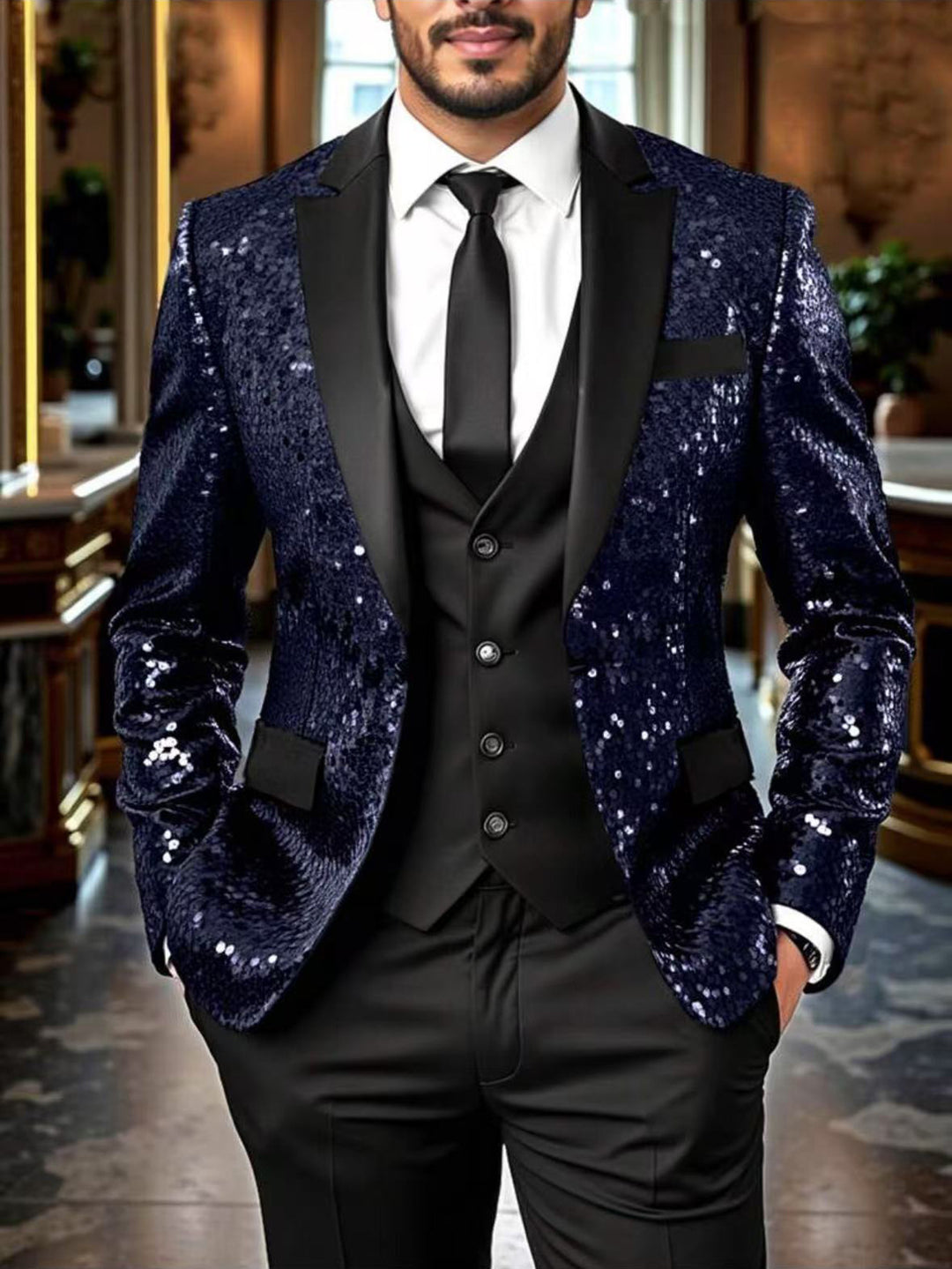 Men's sequin jacket with satin shawl collar and tailored fit Mune Fashion