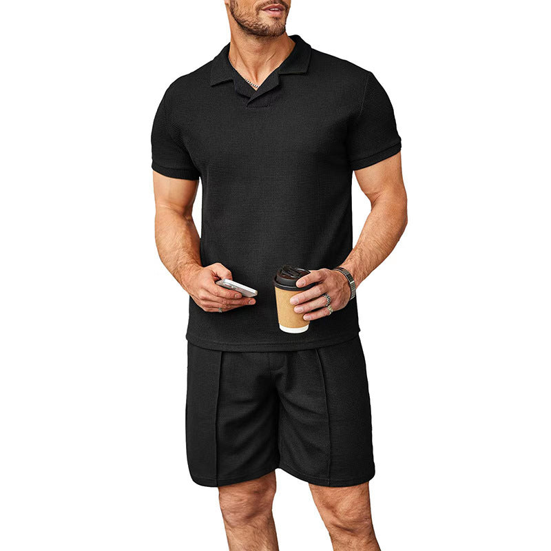 Men's two-piece leisure set made of structured cotton blend with polo shirt and straight comfort shorts Mune Fashion