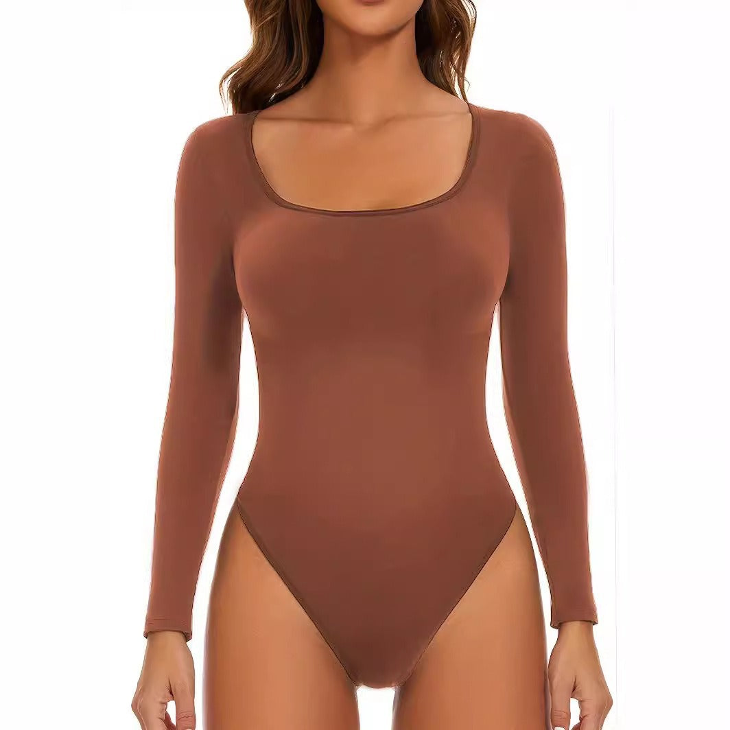 Women's Long Sleeve Bodysuit with Deep Neckline and Figure-Hugging Fit Mune