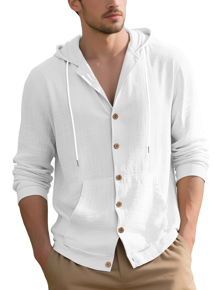 Men's lightweight hooded overshirt in crinkle look with wooden button placket and kangaroo pocket Mune Fashion