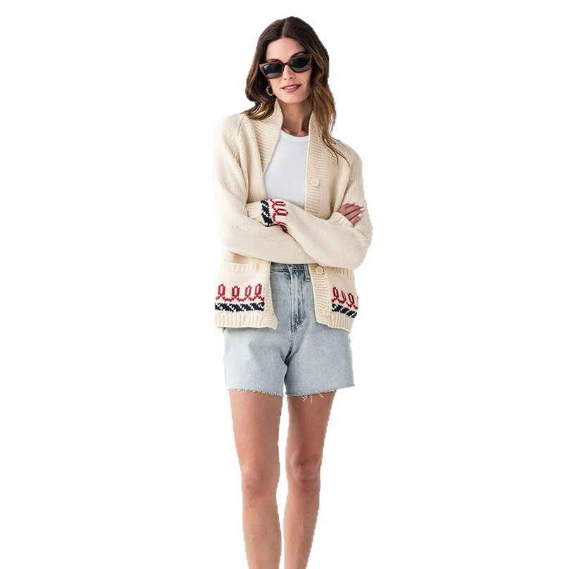 Women's Oversize Knitted Cardigan with Whale Motif and Nautical Contrast Border Mune Fashion