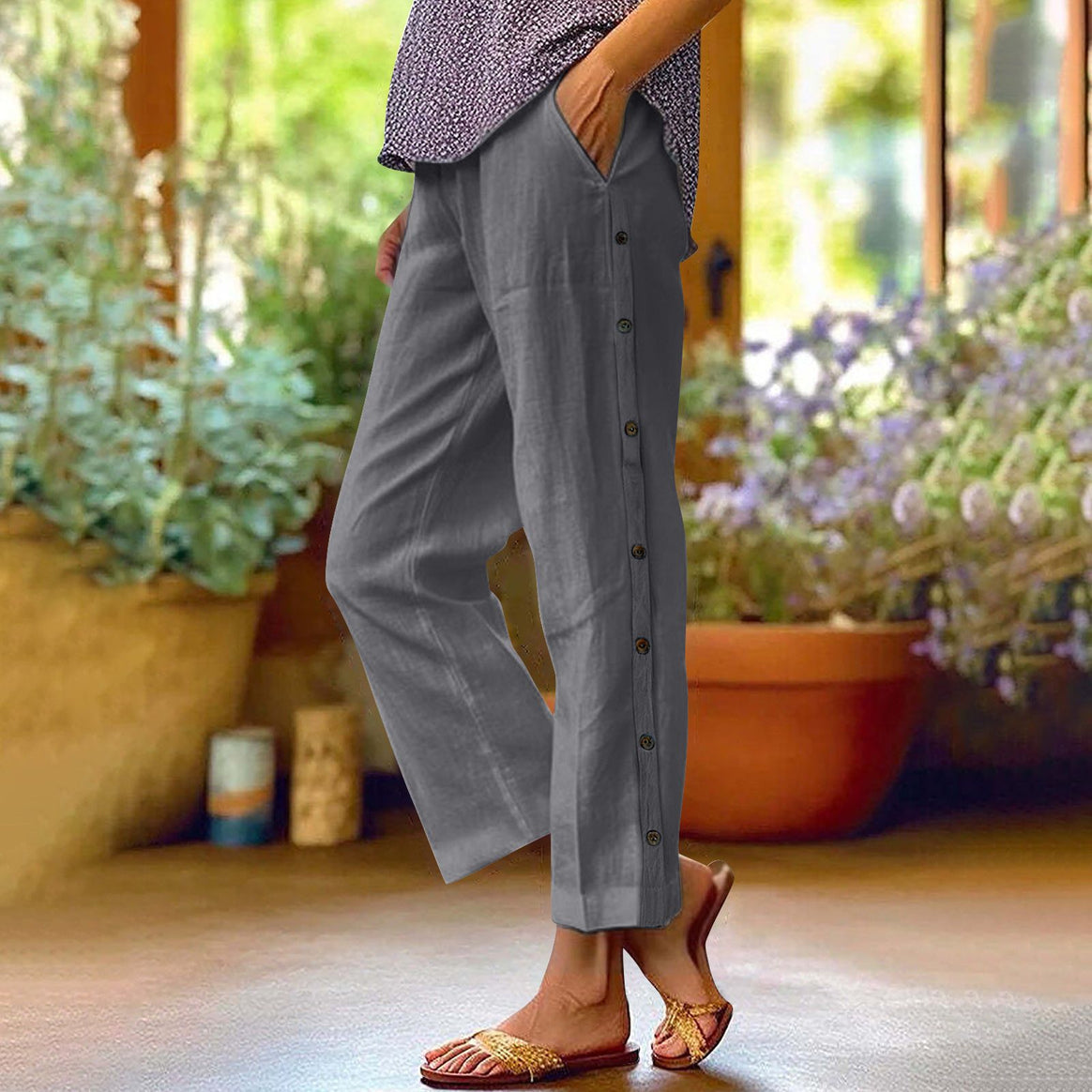Ladies Light Relaxed Pants with Side Button Placket and Insert Pockets Mune Fashion