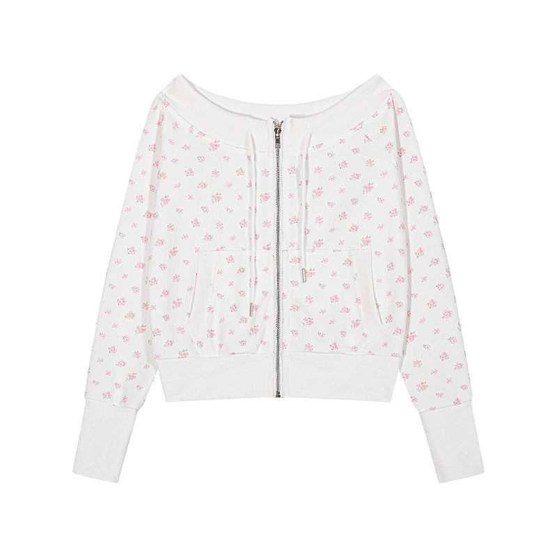 Women's short-cut hooded jacket in waffle knit with wide off-the-shoulder neckline and floral print Mune Fashion