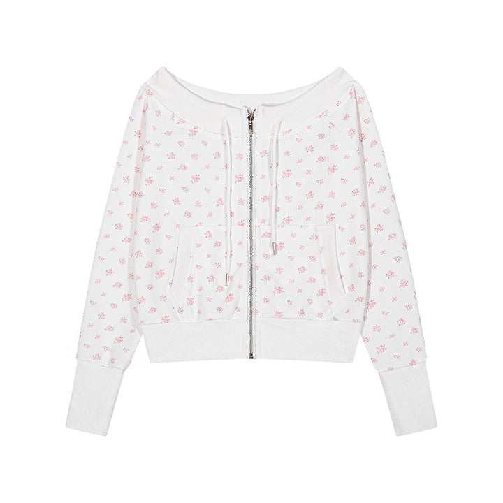 Women's short-cut hooded jacket in waffle knit with wide off-the-shoulder neckline and floral print Mune Fashion