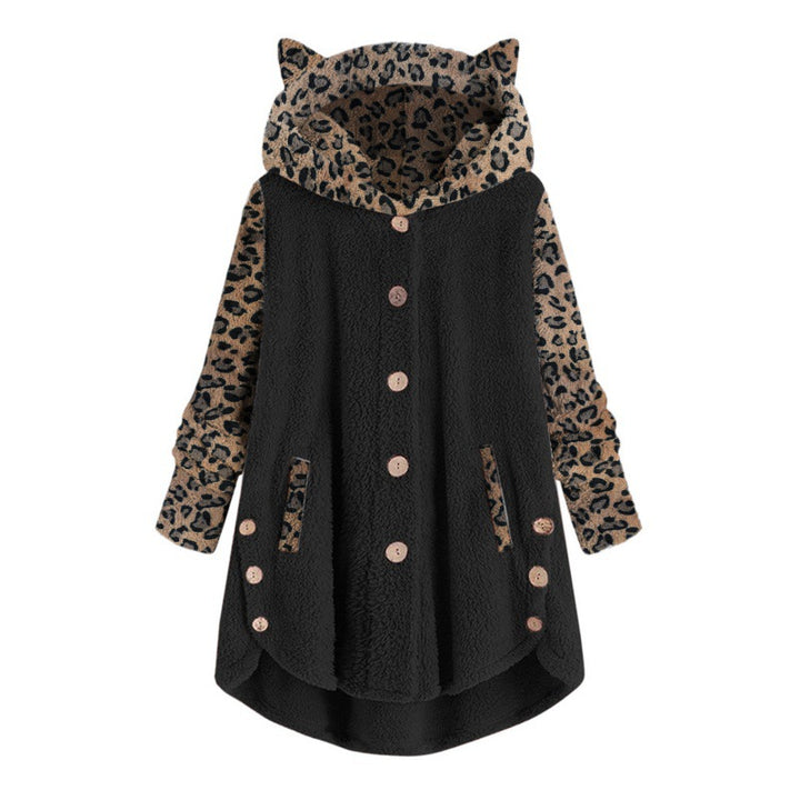 Women's teddy coat with hood, button placket, and contrasting leopard sleeves Mune Fashion