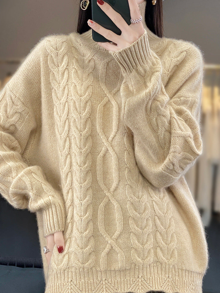 Women's Oversize Cable Knit Sweater with Mohair Look and Ribbed Cuffs Mune Fashion