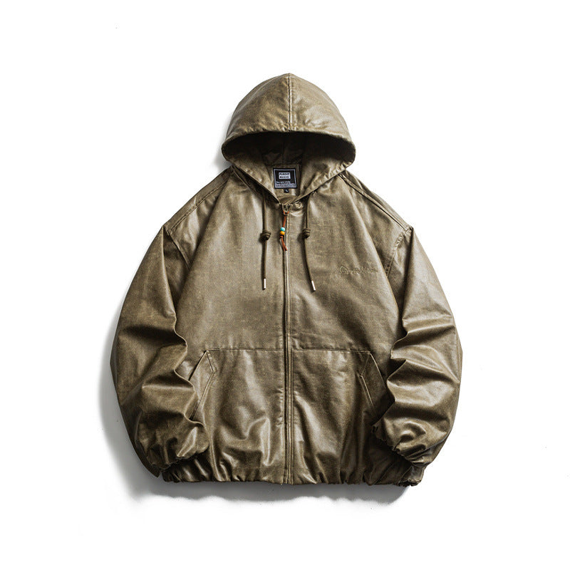 Men's short-cut faux leather hooded jacket in boxy cut with elastic hem and kangaroo pockets Mune Fashion