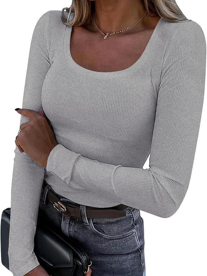 Women's Long Sleeve Ribbed Top with U-Neck Mune Fashion