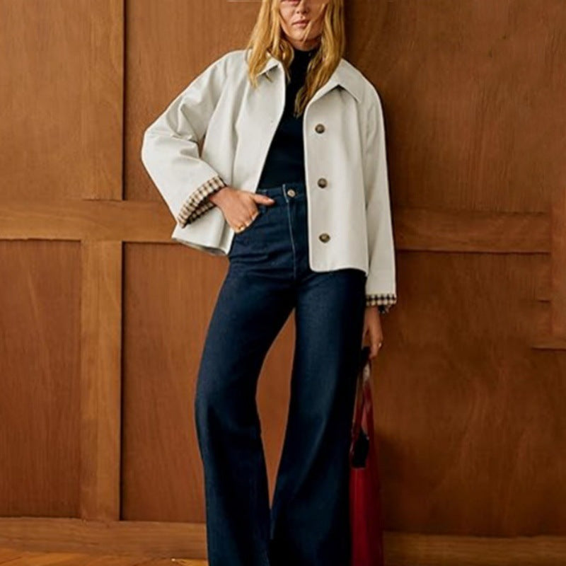 Women's Boxy Short Coat with Oversized Lapels and Check Cuffs Mune Fashion
