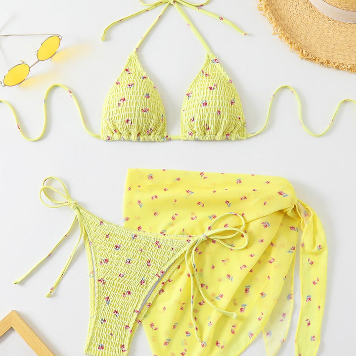 Women's Triangle Bikini Set with Floral Detail and Playful Wrap Skirt Mune Fashion
