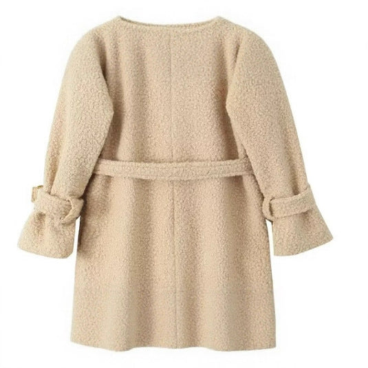 Women's Double-Breasted Teddy Coat with Tie Belt and Buckle Sleeves Mune Fashion