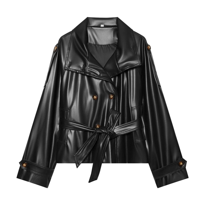Women's Short Double-Breasted Faux Leather Trench Coat with Waist Belt Mune Fashion