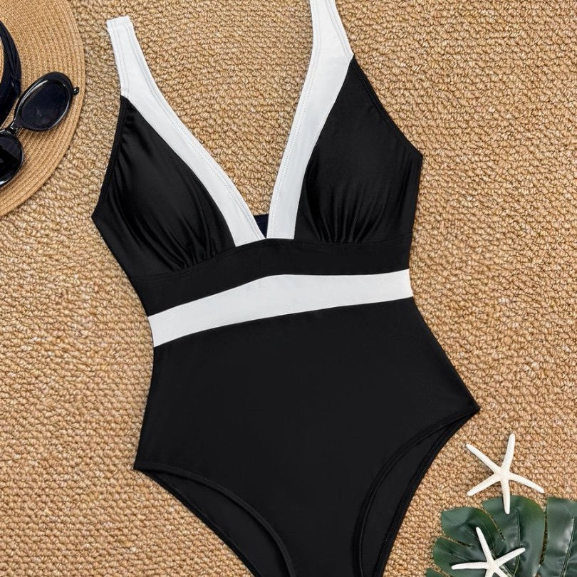 Women's Fashionable Swimsuit with Deep V-Neck and Contrasting Trimmings Mune Fashion