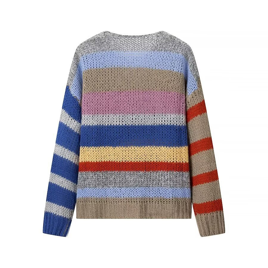 Women's Oversize Knit Sweater made of Mohair Mix with Voluminous Balloon Sleeves and Block Stripes Mune Fashion