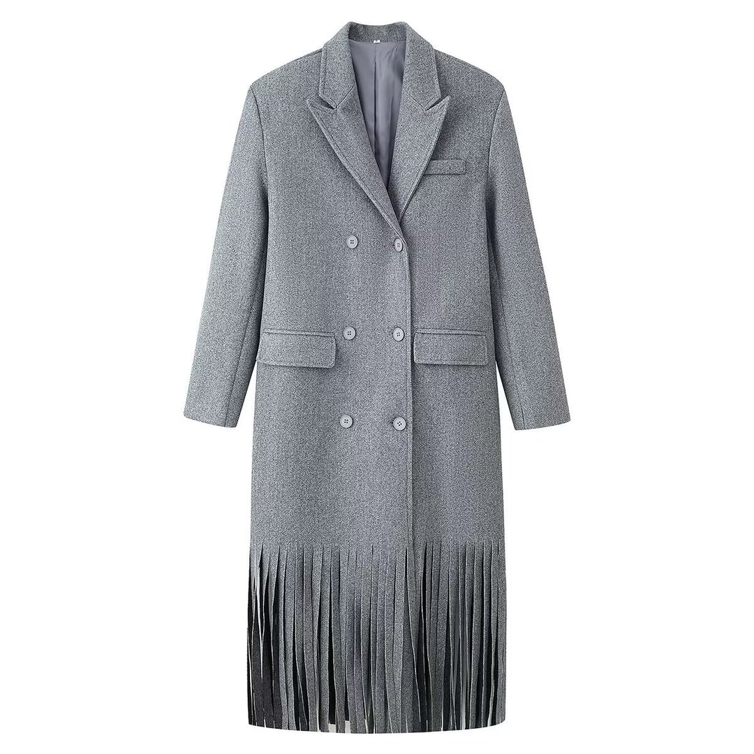 Women's Double-Breasted Wool Blend Coat with Fringe Hem and Draped Lapel Mune Fashion