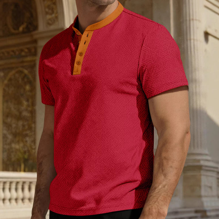 Men's slim short sleeve Henley polo shirt with Mandarin collar and fine jacquard texture Mune Fashion