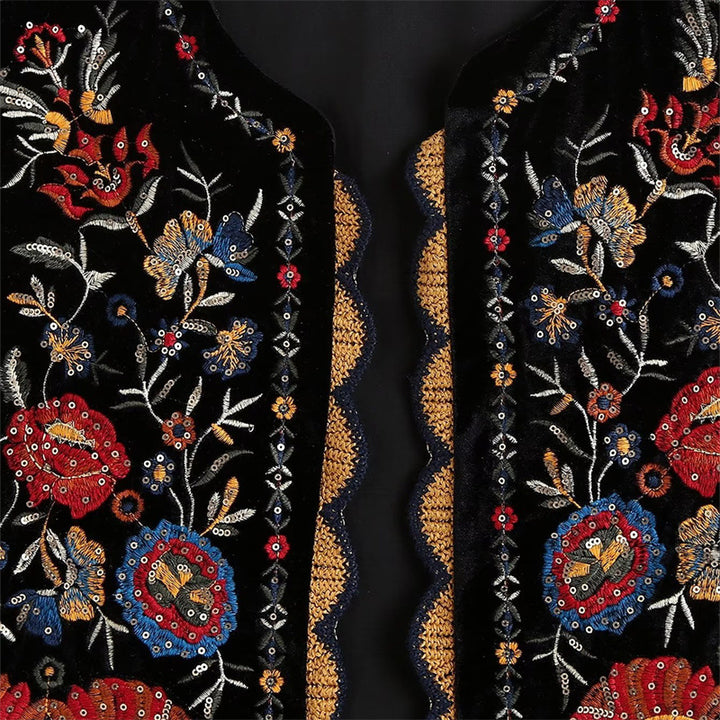 Women's Embroidered Velvet Vest with Folk Bead Embroidery and Curved Hem Mune Fashion