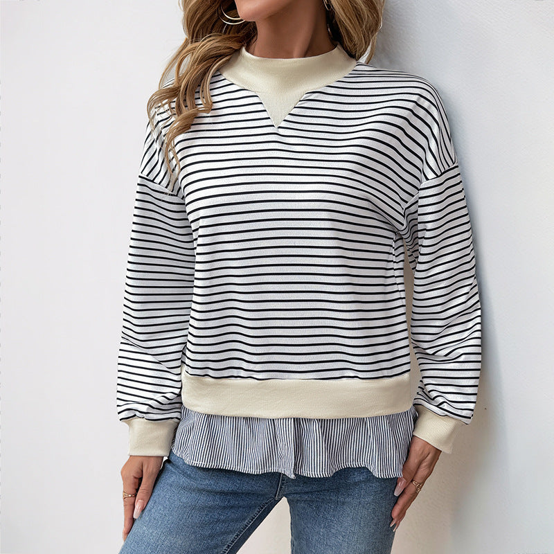 Women's Casual Striped Sweatshirt with Layered Hem Mune Fashion