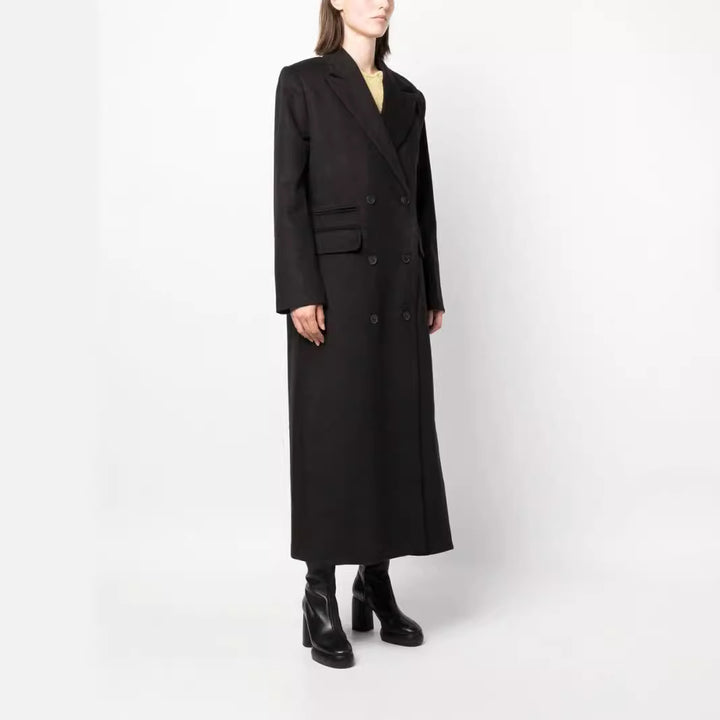 Women's Maxi Long Double-Breasted Wool Blend Coat with Structured Shoulders and Flap Pockets Mune Fashion