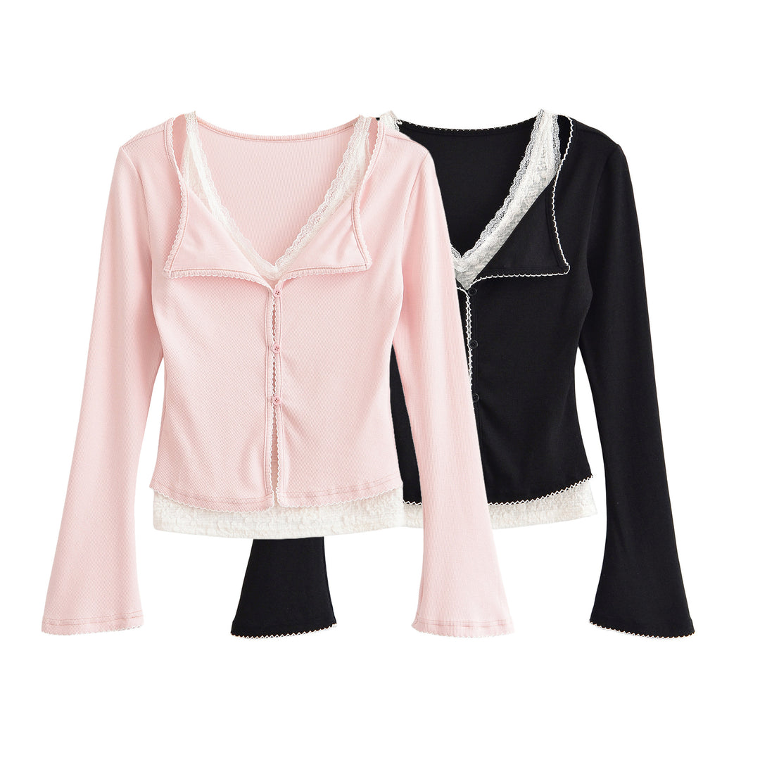 Women tailored button vest with lace trim and flared sleeves Mune Fashion