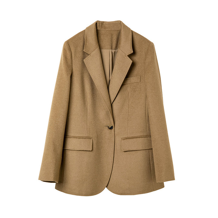 Women Long Cut Wool Blend Blazer with Single Button Closure and Flap Pockets Mune Fashion
