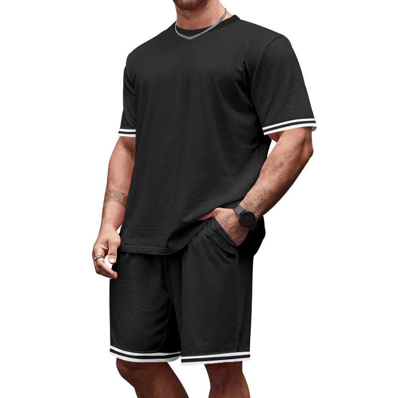 Men's casual jersey set consisting of short-sleeve shirt and bermuda shorts with contrasting stripes, elastic waistband, and insert pockets Mune Fashion