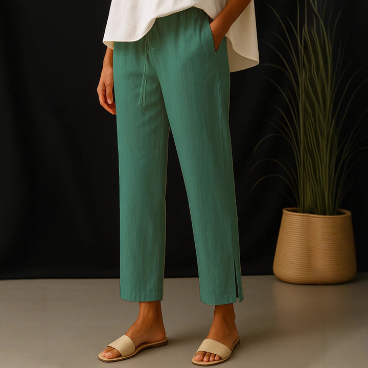 Women's Casual Chino Linen Look Culotte with Elastic Drawstring Waist and Side Pockets Mune Fashion