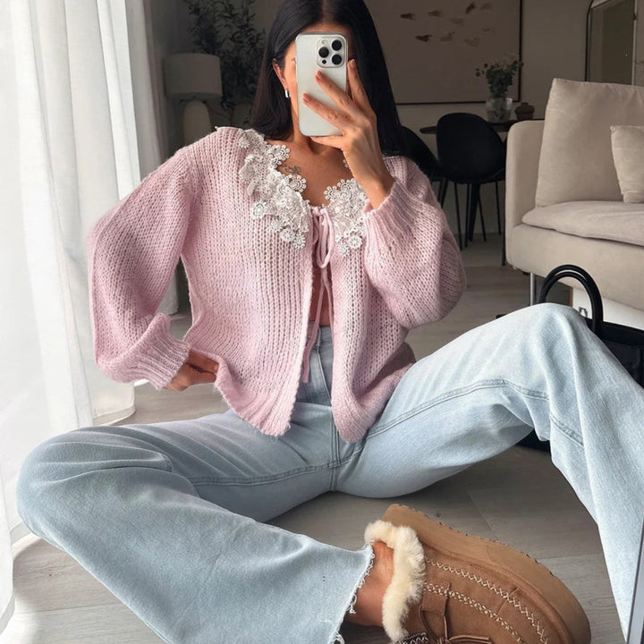 Ladies Cozy Mohair Cardigan with Decorative Flower Applications Mune Fashion