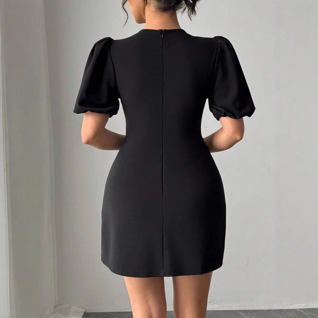 Women's short cocktail dress with voluminous puff sleeves, chest slit, and rhinestone clip closure Mune Fashion