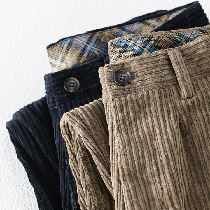 Men's corduroy pants with a tapered cut, high waistband, checked inner band, and rolled hem Mune Fashion