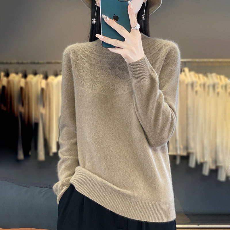 Women's Cozy Mohair Look Pullover with Decorative Structure on the Top and High Collar Mune Fashion