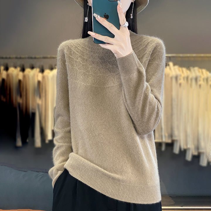 Women's Cozy Mohair Look Pullover with Decorative Structure on the Top and High Collar Mune Fashion