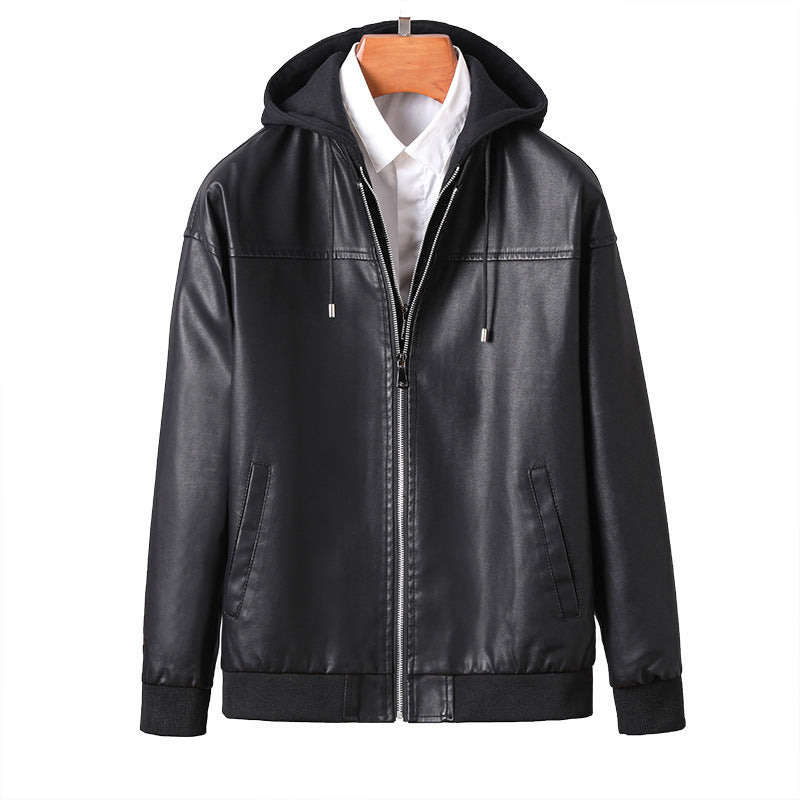 Men's faux leather bomber-style hooded jacket with full zip and ribbed cuffs Mune Fashion