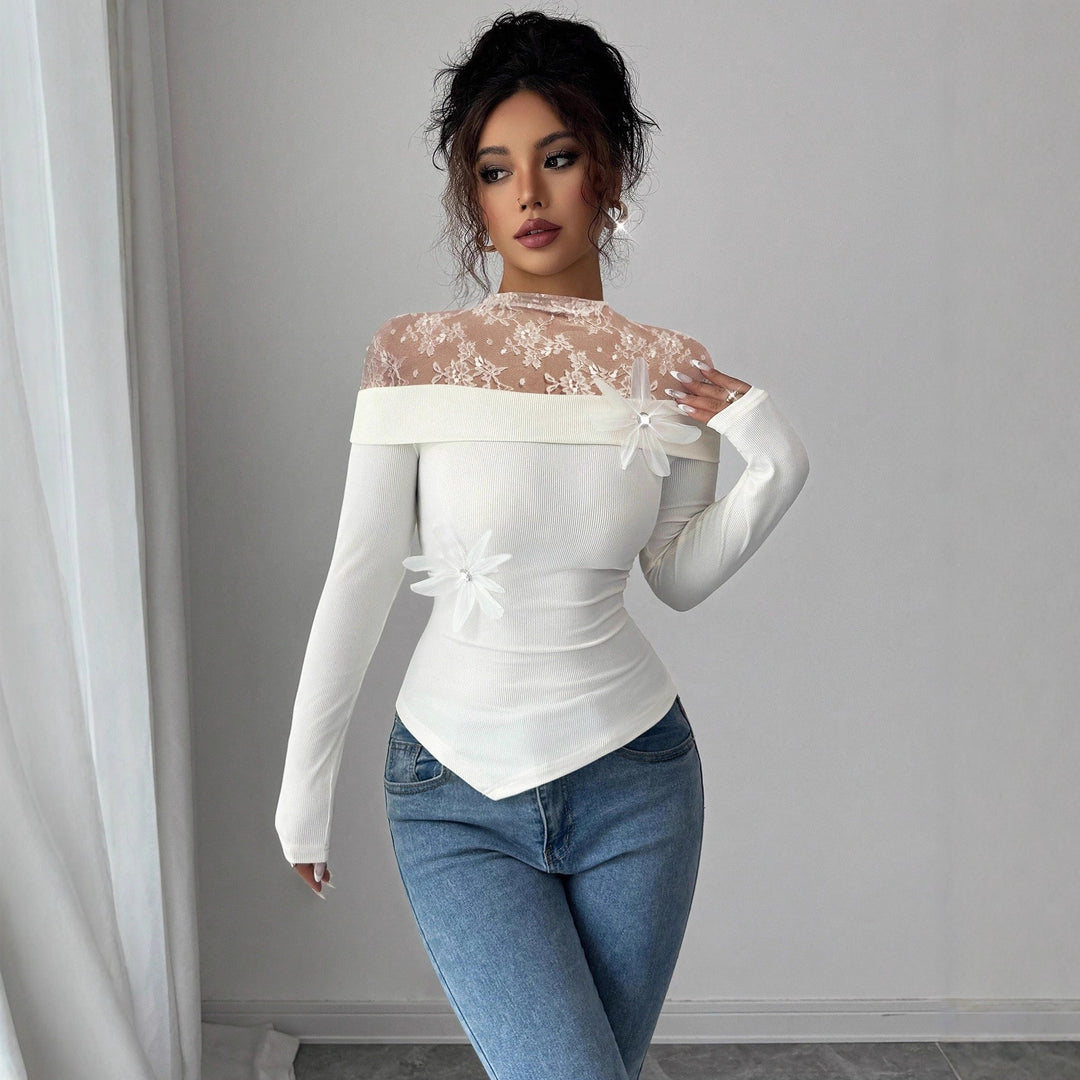 Women's figure-hugging off-shoulder ribbed knit top with lace illusion collar and flower appliqué Mune Fashion