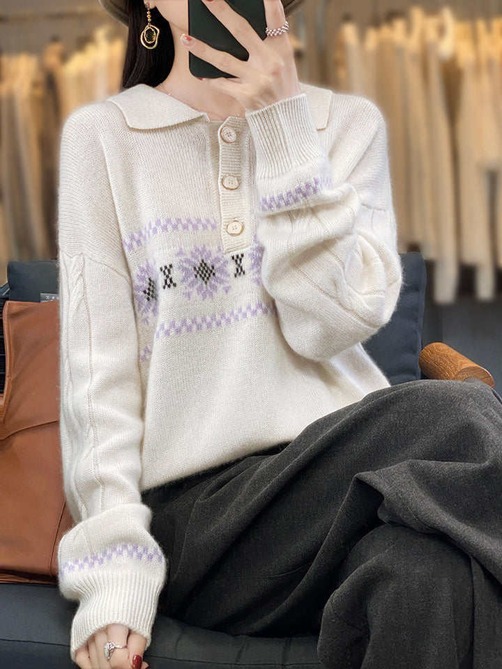 Women Oversize Polo Collar Knit Sweater with Norwegian Pattern and Raglan Sleeves Mune Fashion