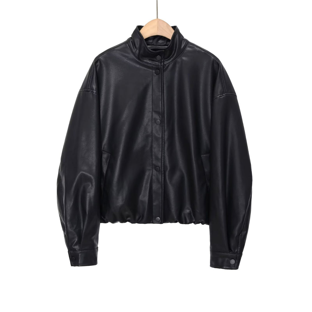 Women's short PU leather bomber jacket with stand-up collar, snap button placket, and elastic hem Mune Fashion