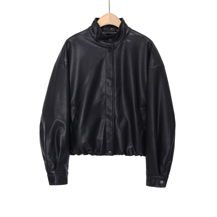 Women's short PU leather bomber jacket with stand-up collar, snap button placket, and elastic hem Mune Fashion
