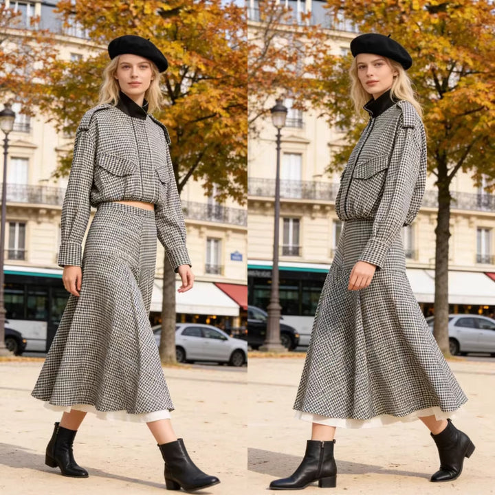 Ladies two-piece checkered set with short bomber-style shirt jacket and flared midi skirt Mune Fashion