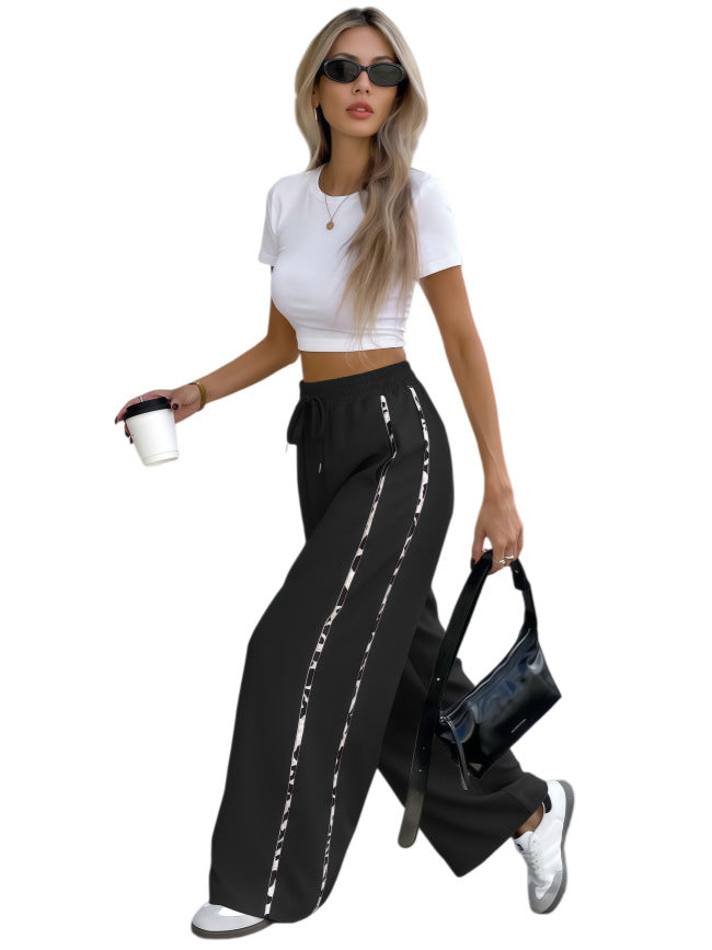 Women's Wide High-Waist Lounge Pants with Drawstring and Contrasting Side Stripes Mune Fashion