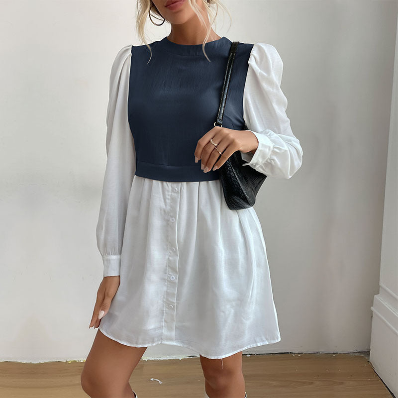 Ladies' shirt dress with inset cropped vest, puff sleeves, and tailored silhouette Mune Fashion