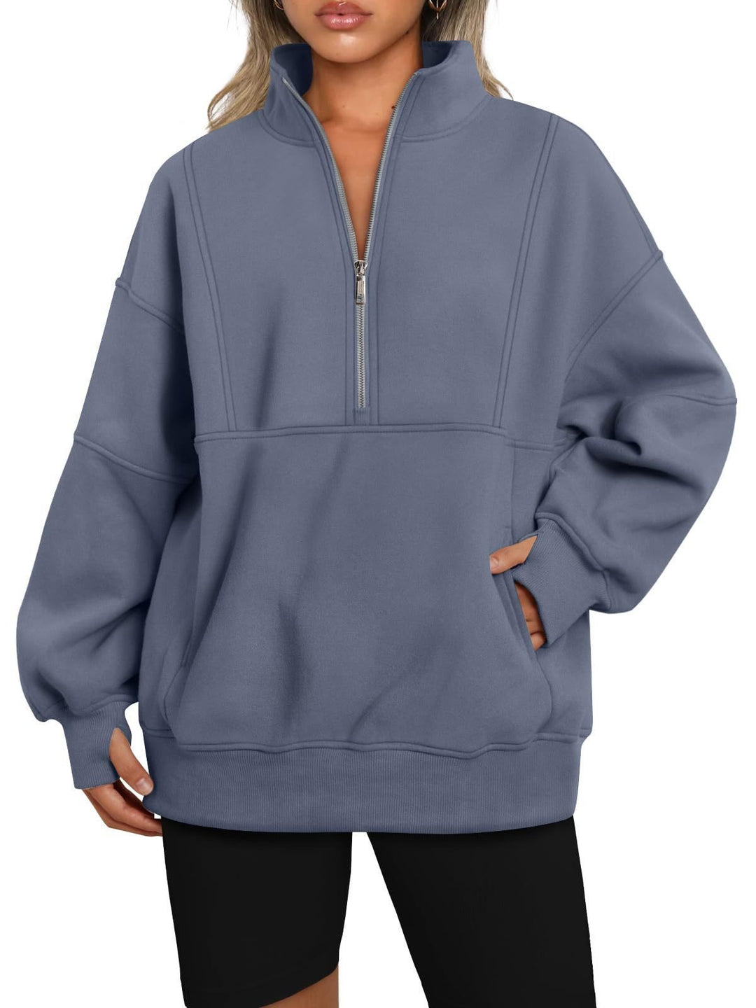 Women's Oversized Sweatshirt with Half Zipper, Stand-Up Collar and Kangaroo Pocket Mune Fashion