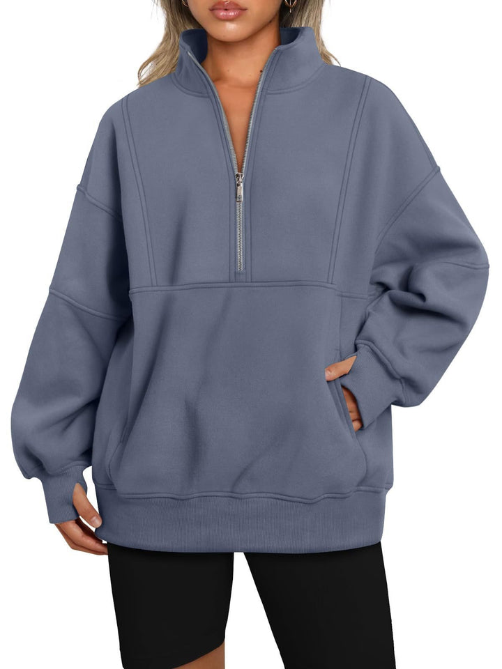 Women's Oversized Sweatshirt with Half Zipper, Stand-Up Collar and Kangaroo Pocket Mune Fashion