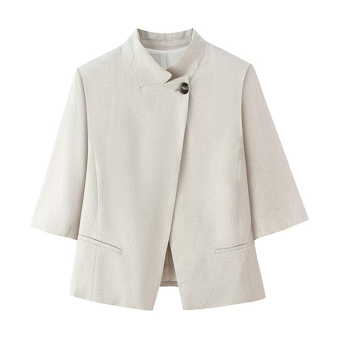 Women's Lightweight Linen Look Short Jacket with Stand-Up Collar and Asymmetric Single-Button Closure Mune Fashion