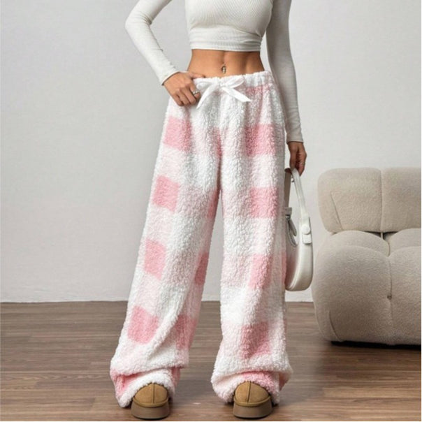 Women's cozy checked fleece pants with drawstring waistband and wide leg Mune Fashion