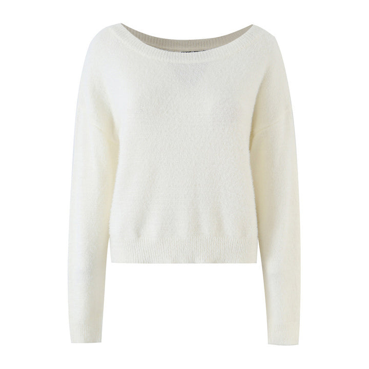 Women's Soft Cropped Sweater with Boat Neck and Oversized Shoulders Mune Fashion