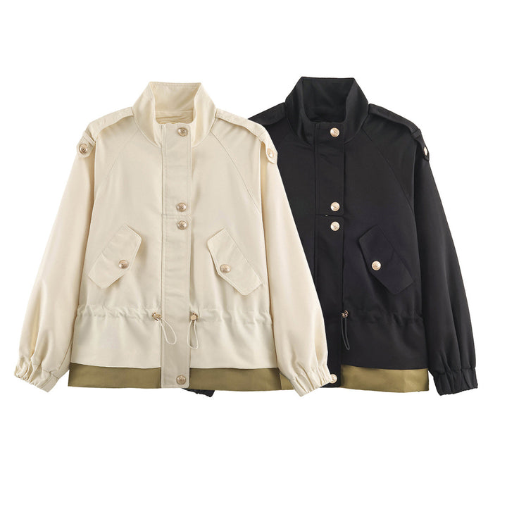 Women's 10+ Short Utility Jacket with Waist Gathering, Stand Collar, and Shoulder Epaulets Drune